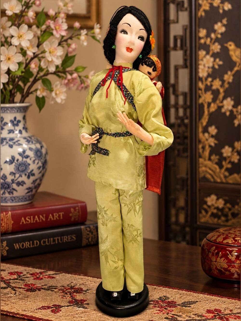Vintage Taiwan Chinese Folk Doll Mother & Baby 15” Traditional Costume